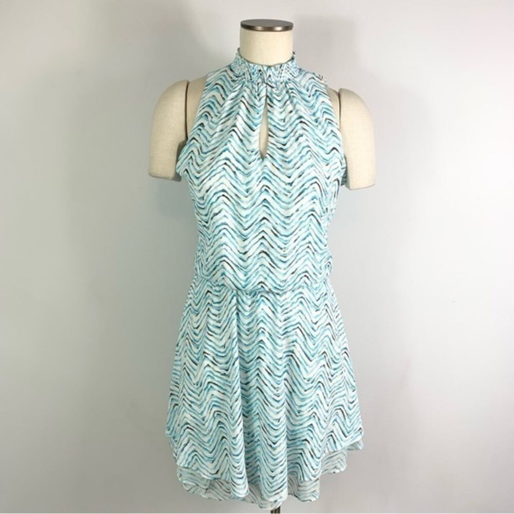 White House Black Market Printed Smocked Mini Dress High Neck Blue Gold White XS